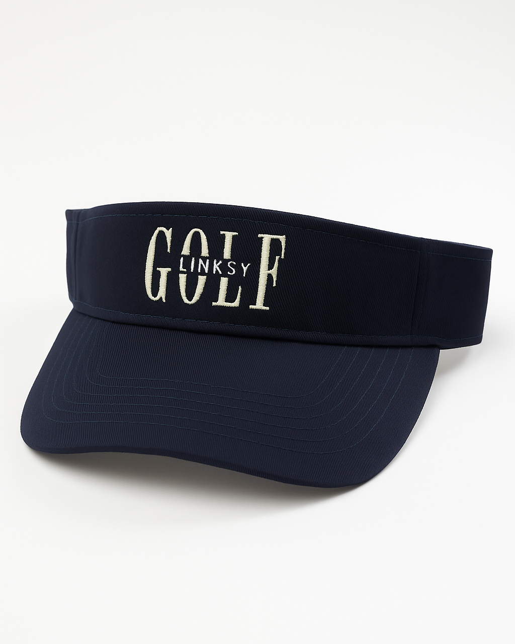 Navy visor with 'GOLF LINKSY' text on a white background