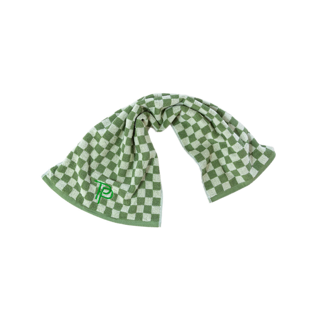 Forest checkered golf towel folded showing soft cotton texture — Three Putt Par