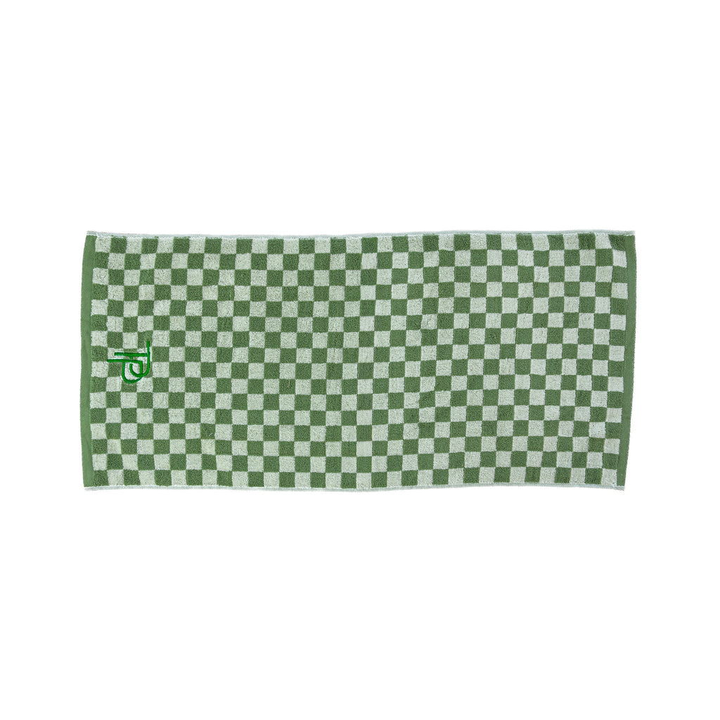Forest checkered golf towel clipped to golf bag — Three Putt Par